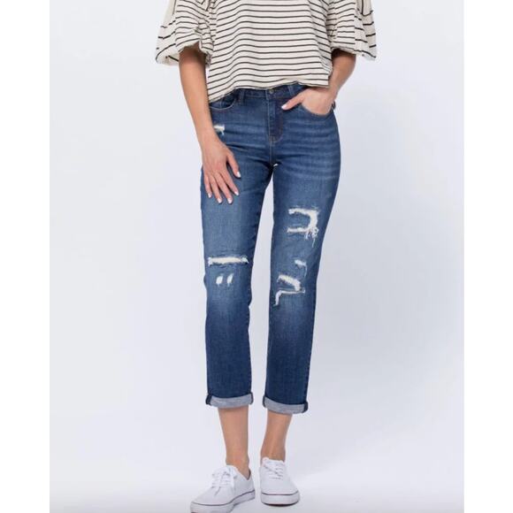 Judy Blue Jeans Womens Size 7 / 28 Thermal Patch Boyfriend Distressed Ankle Crop - Picture 1 of 11